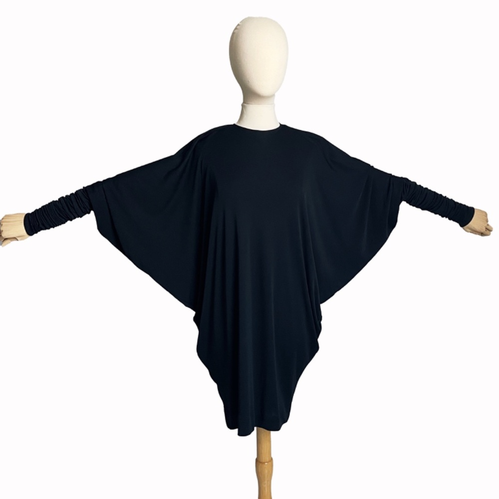 Norma Kamali OMO Dress Black Dolman Scrunchy Batwing Sleeve Vintage 80s Size M - Picture 6 of 15
